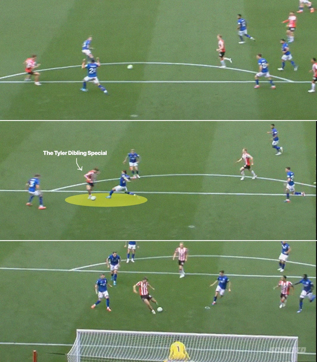 A sequence of screenshots showing Southampton's Tyler Dibling scoring his first Premier League goal against Ipswich Town. It shows him receiving a pass from Adam Lallana on his back foot, taking a defender out the game, then finishing with composure past the goalkeeper in a one-v-one situation.