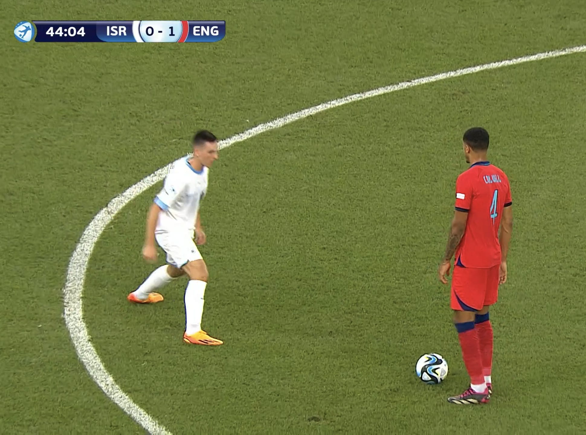 A screenshot of Levi Colwill standing bolt upright on the ball, as Israel's Oscar Gloukh feints to press him, in a 2023 UEFA U-21 EURO semi-final