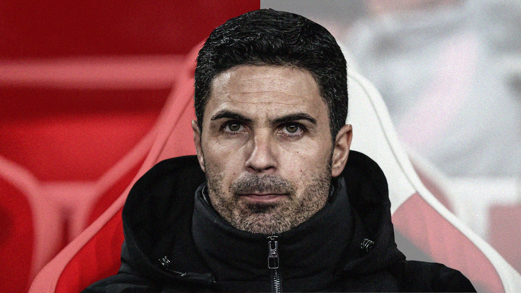 A close-up photo of Arsenal manager Mikel Arteta with the background slightly blurred, coloured in Arsenal red and white