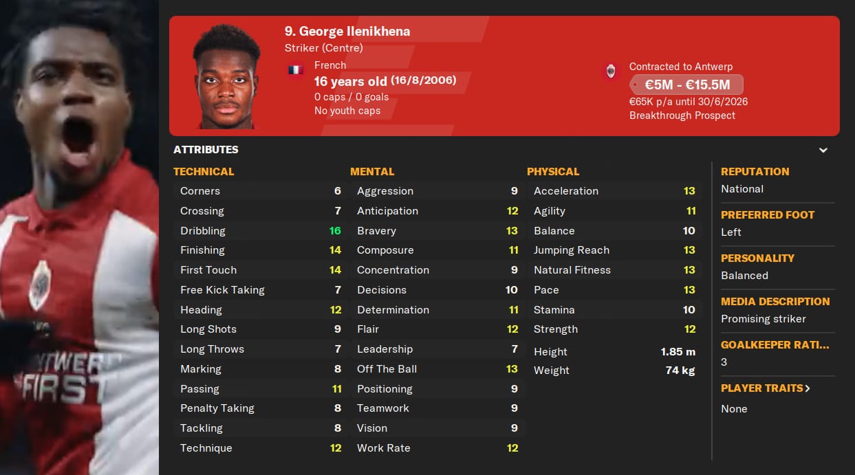 A graphic featuring the FM24 profile of Royal Antwerp's George Ilenikhena