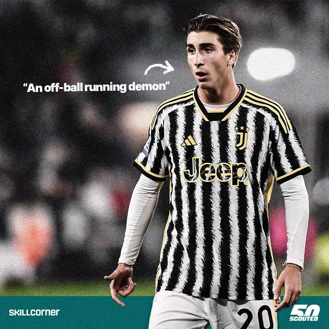 A photo of Fabio Miretti wearing a black-and-white Juventus shirt with gold trim. He's in focus as the only subject in the shot. Overlayed onto it is text which reads "An off-ball running demon" with a white arrow pointing at Miretti. At the bottom of the photo is green banner which includes white 'SKILLCORNER' and 'SCOUTED' logos.