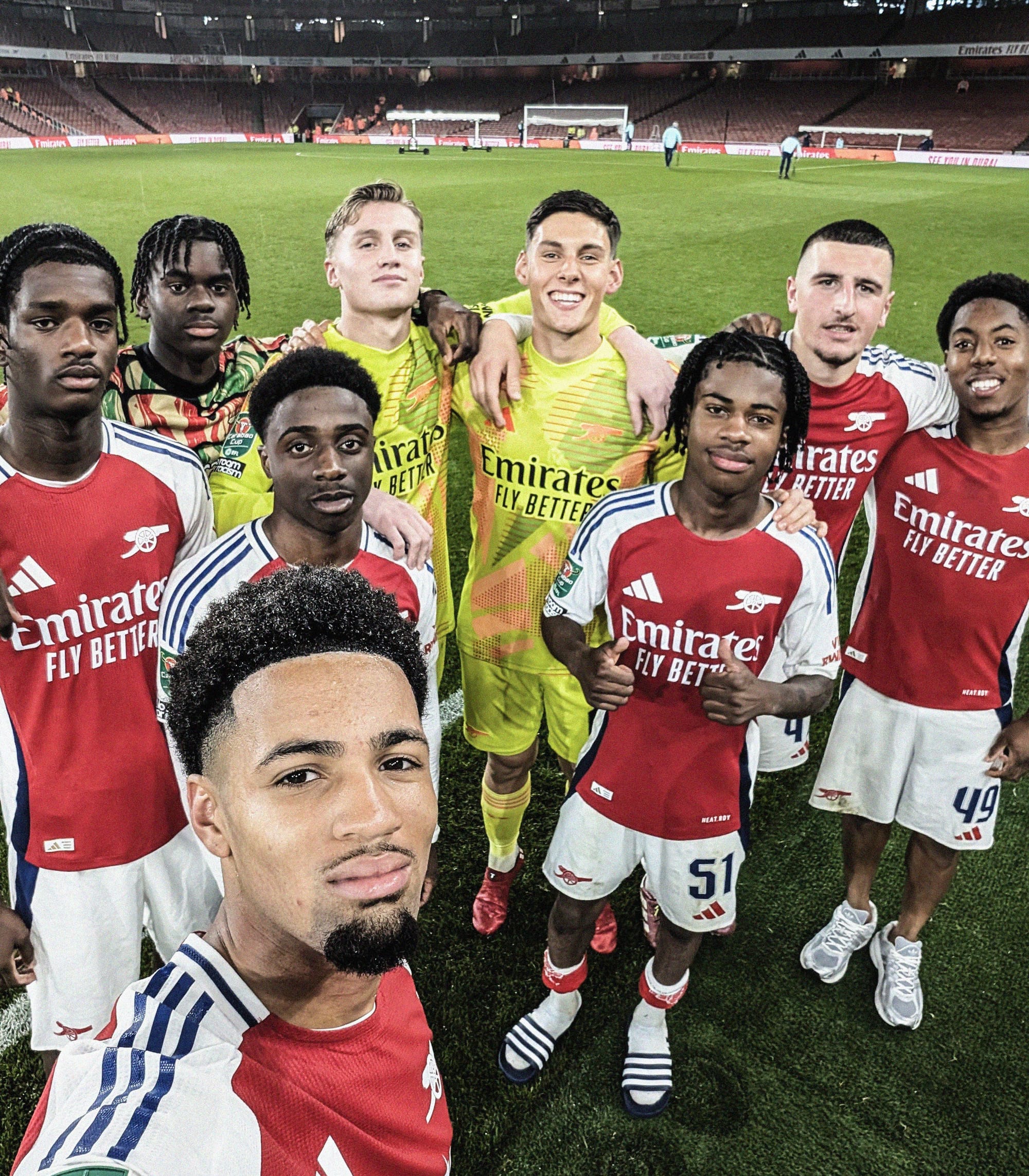 A selfie of Arsenal academy youngsters after the EFL Cup game agaisnt Bolton Wanderers