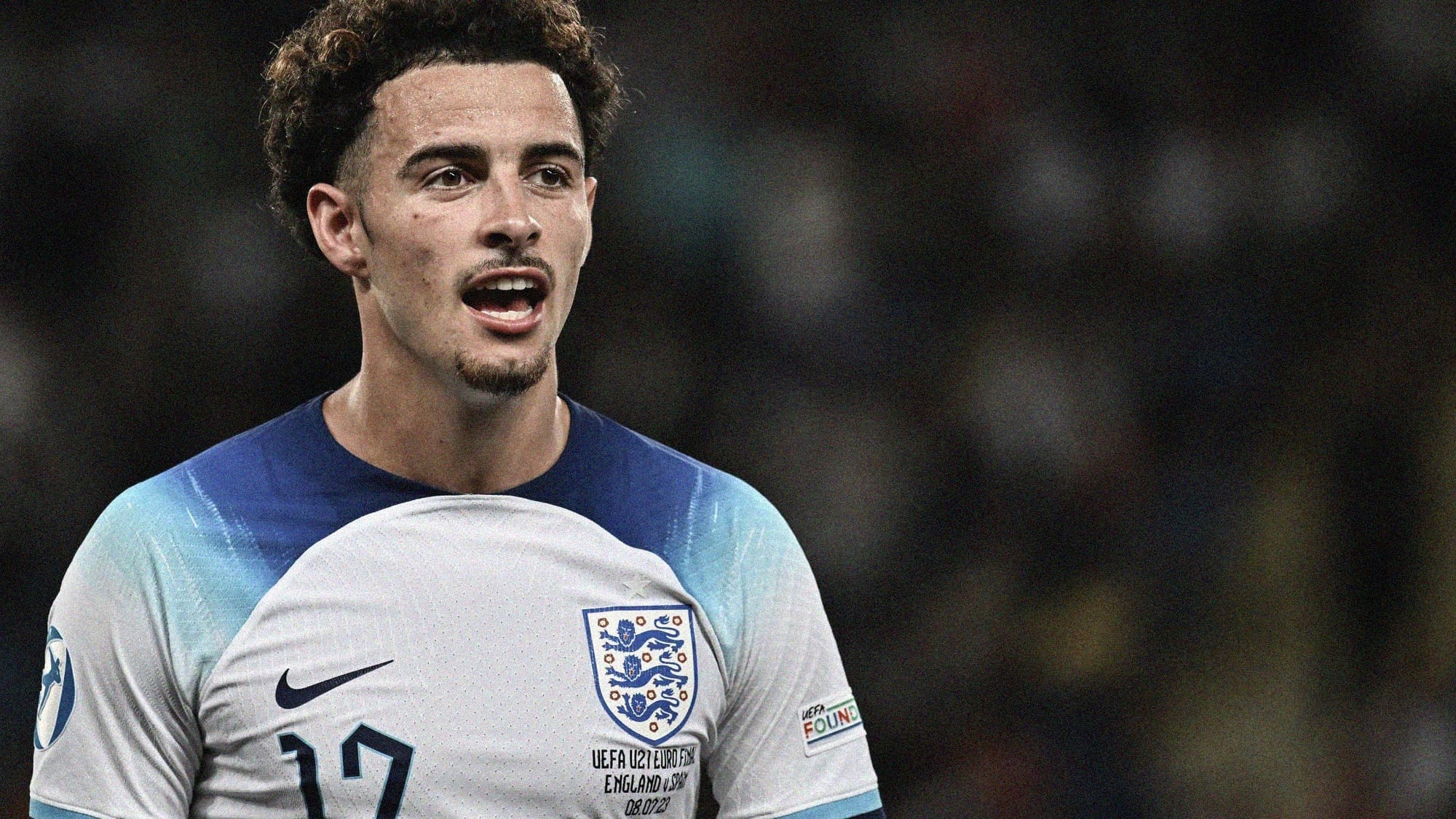 A close-up photo of Curtis Jones playing for England at the 2023 UEFA U-21 EURO