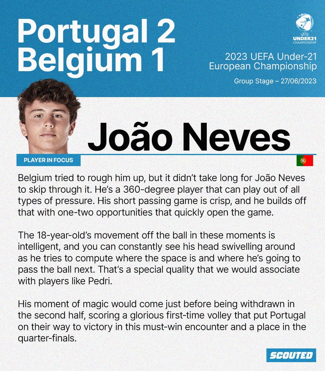 A brief match report, focussing on Benfica's João Neves, of Portugal 2-1 Belgium at the 2023 UEFA U-21 EURO