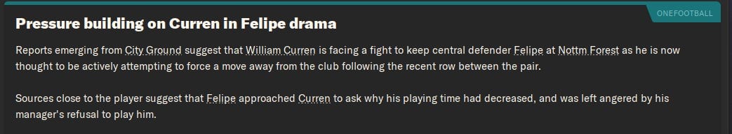 A screenshot from FM24 showing Tom fighting with Forest's Felipe.