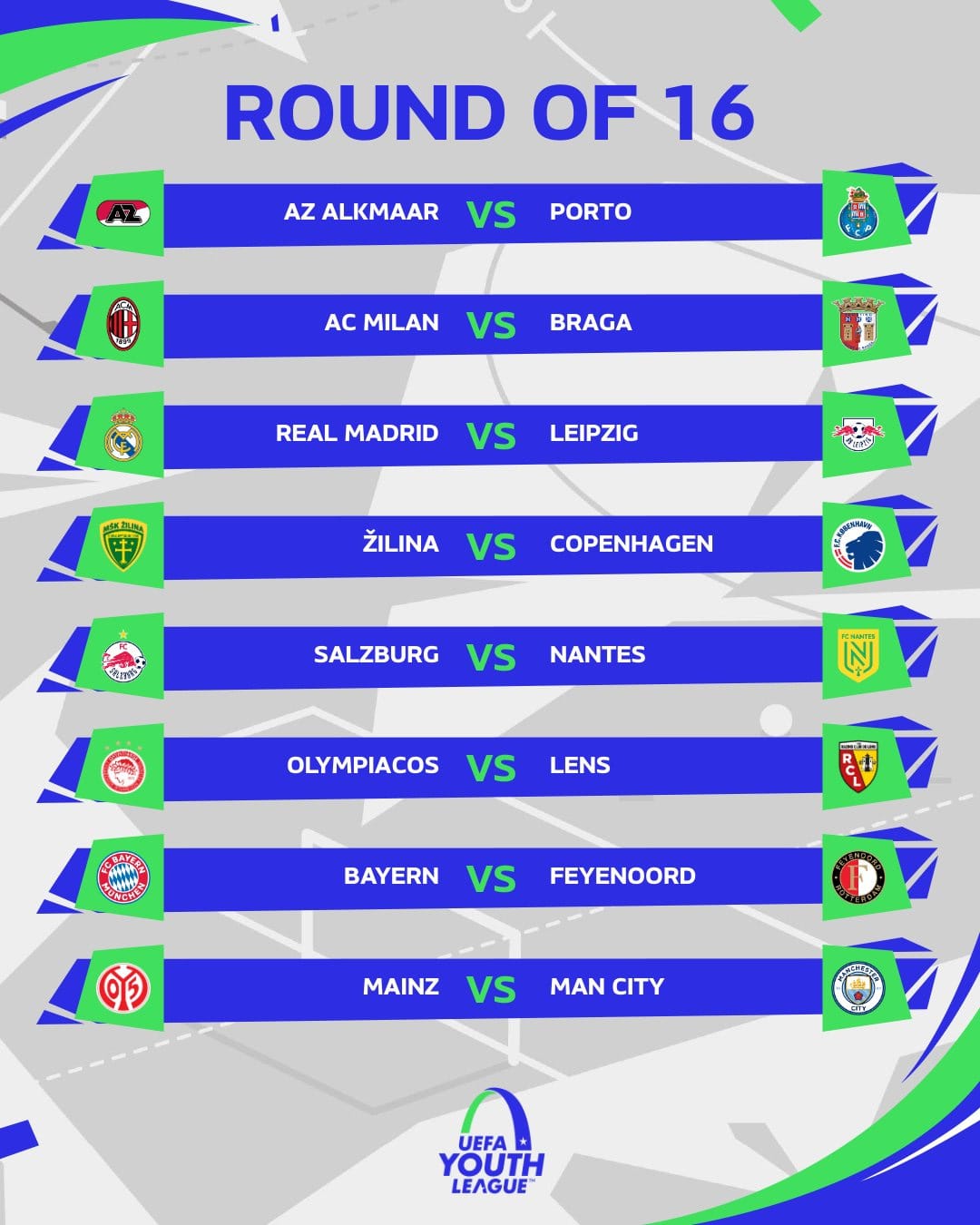A graphic featuring the Round of 16 fixtures in the 2023/24 UEFA Youth League.