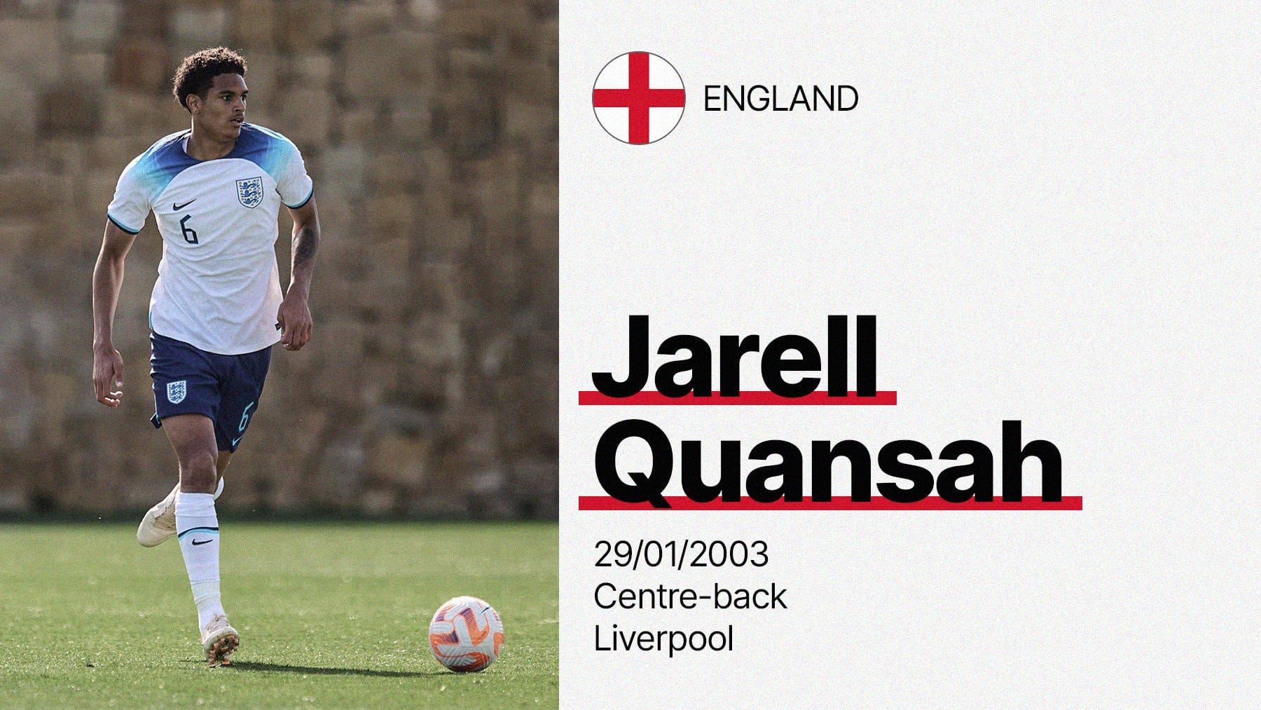 A photo of Jarell Quansah driving forward with the ball for England's U-20 team with a brief information panel about him, including Japan flag, date of birth, position and club.