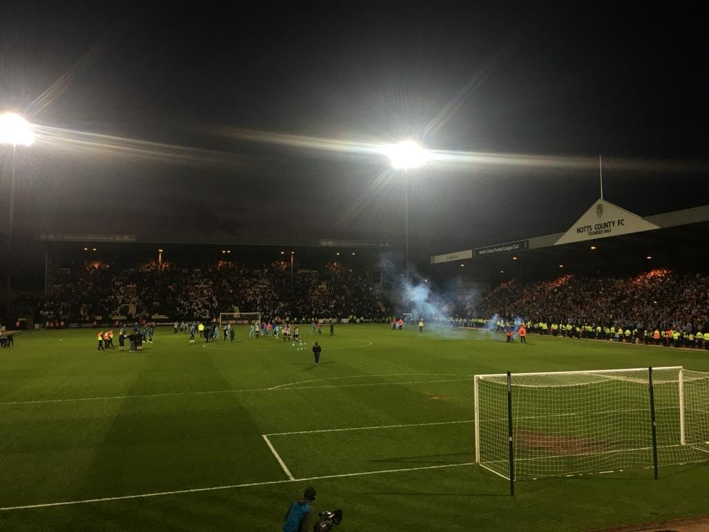 A photo of Notts County's Meadow Lane from behind the goal.