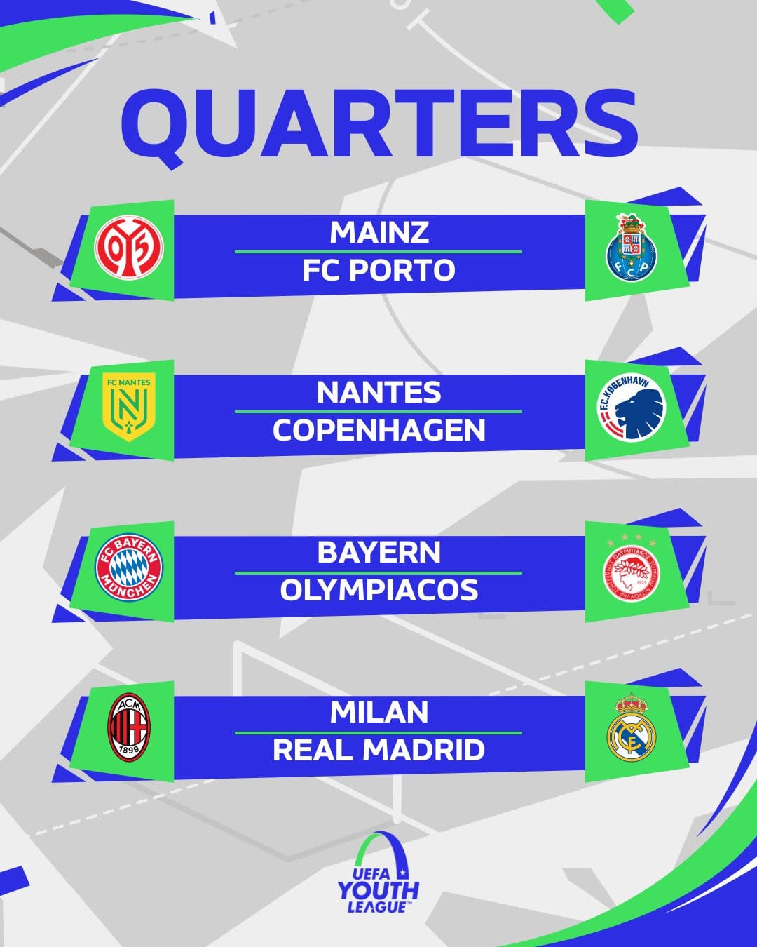 A graphic featuring UEFA Youth League quarter-final fixtures for the 2023/24 season