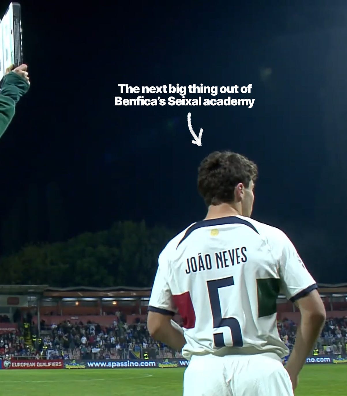 A screenshot of João Neves coming on to make his senior Portugal debut