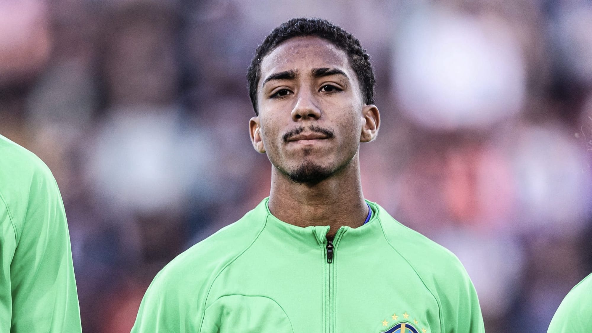 A photo of Arthur during Brazil's national anthem at the 2023 FIFA U-20 World Cup