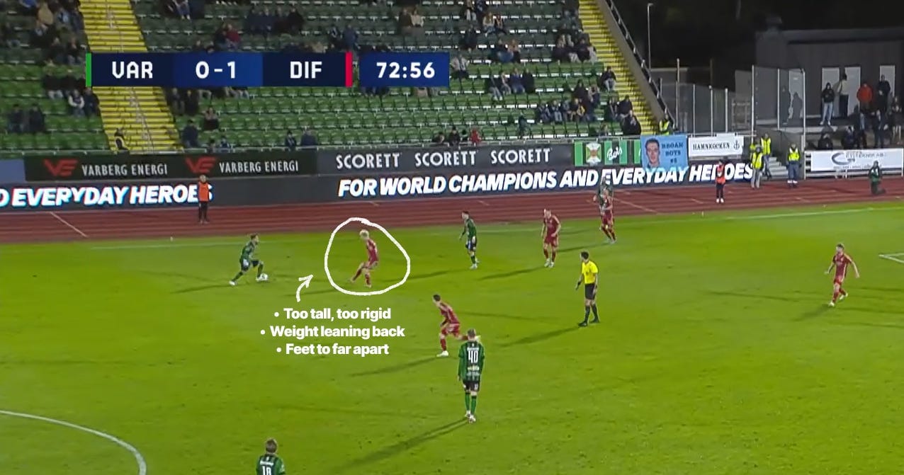 A screenshot showing Lucas Bergvall in a 1-v-1 match-up against a Varberg player, with annotations below critiquing his defensive posture.