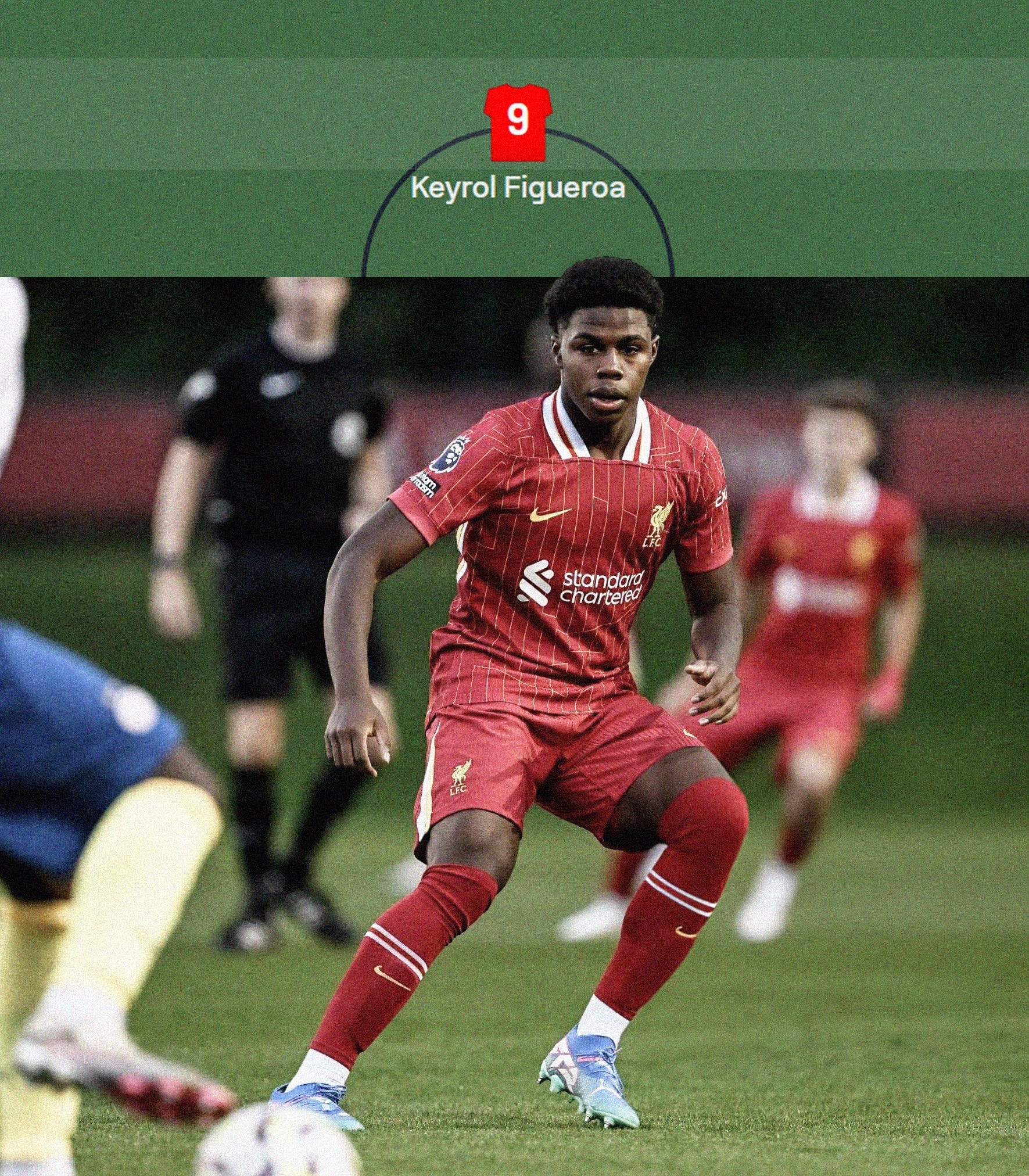 A photo of Keyrol Figueroa playing for Liverpool's U-18 team. He's wearing an all-red kit with his eyes fixed on the ball in front of him. Above the photo is a screenshot from a Sofascore team sheet showing 'Figueroa 9' in a small red shirt icon on a green pitch.