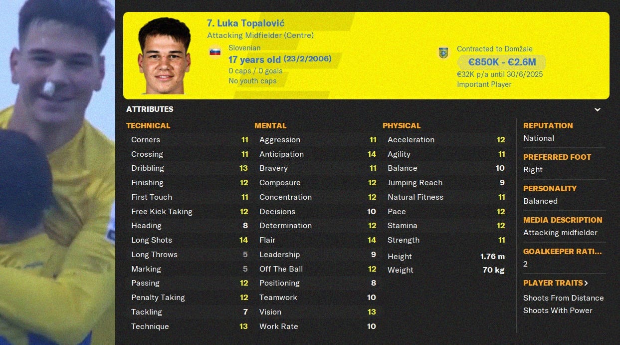 Luka Topalovic's FM24 profile and attributes.