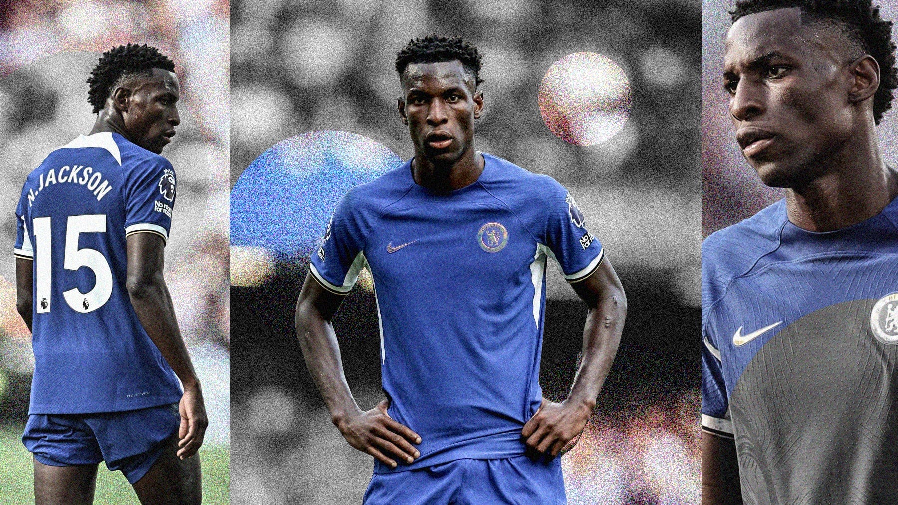 A composite image featuring three photo of Nicolas Jackson in a blue Chelsea kit, some of which have been turned black and white