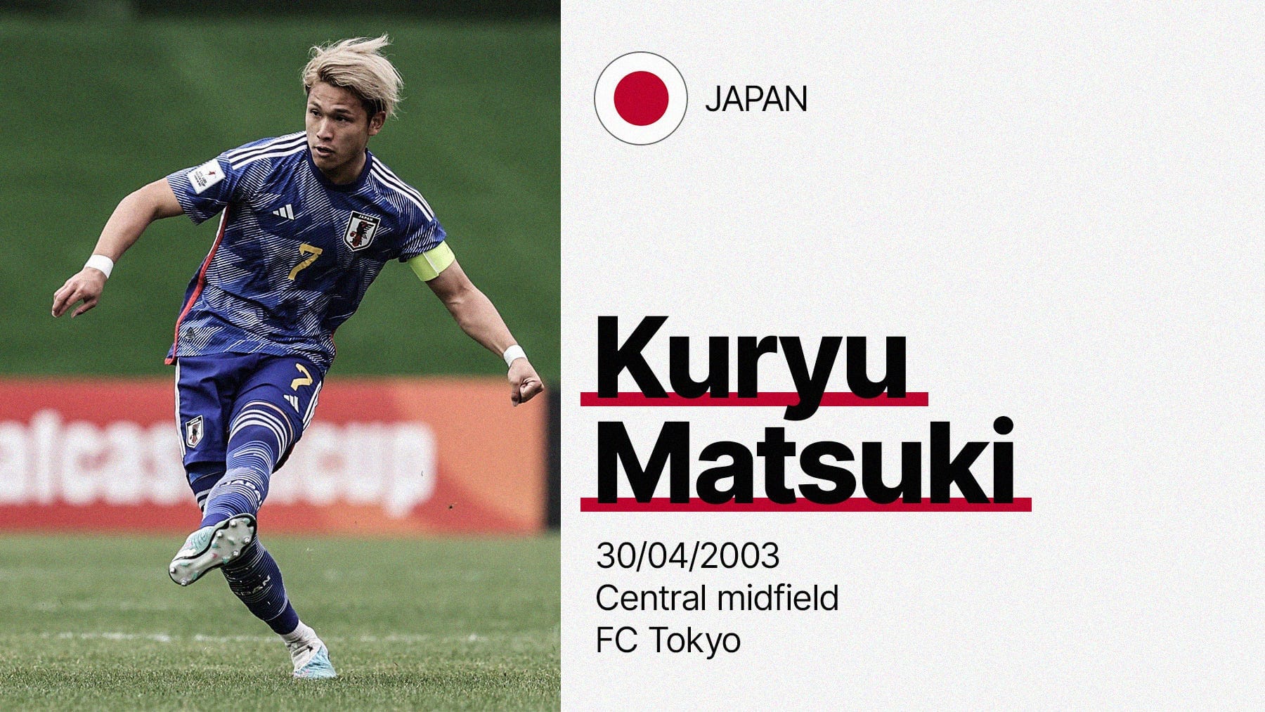 A photo of Kuryu Matsuki playing for Japan's U-20 team with a brief information panel about him, including Japan flag, date of birth, position and club.