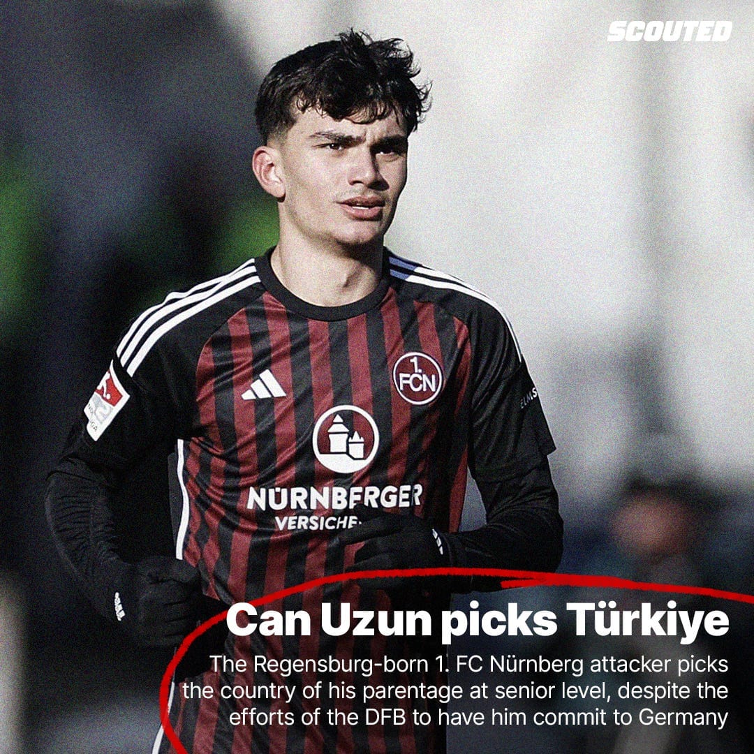A photo of Can Uzun in a maroon-and-black striped 1. FC Nürnberg kit, with text overlayed onto it in the bottom-right corner which reads: "Can Uzun picks Türkiye – The Regensburg-born 1. FC Nürnberg attacker picks the country of his parentage at senior level, despite the efforts of the DFB to have him commit to Germany" Uzun is wearing black underskins and gloves. The text is circled in a red pen-type shape. There's a white 'SCOUTED' logo in the top-right corner.