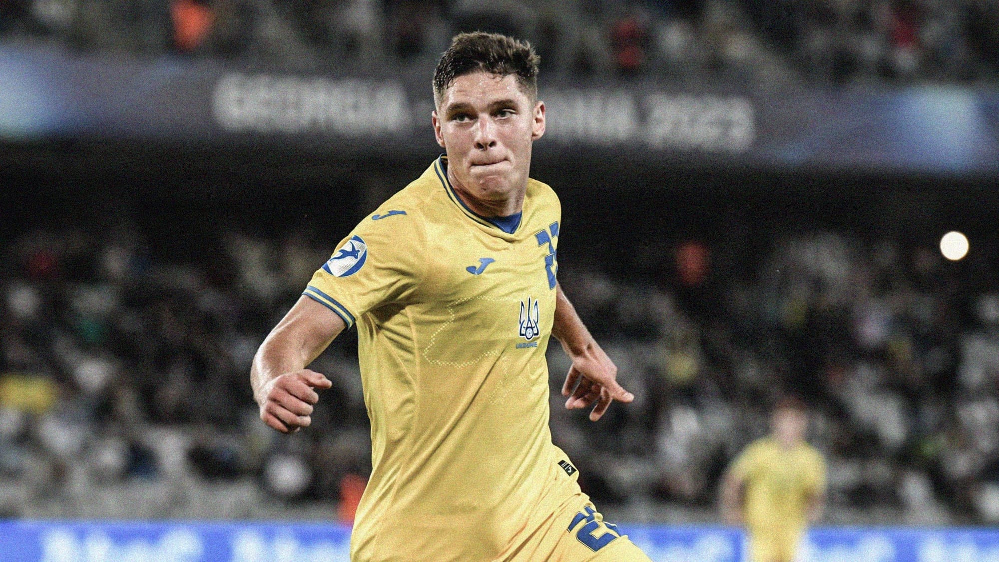 A photo of Heorhii Sudakov celebrating scoring a goal at the 2023 UEFA U-21 EURO