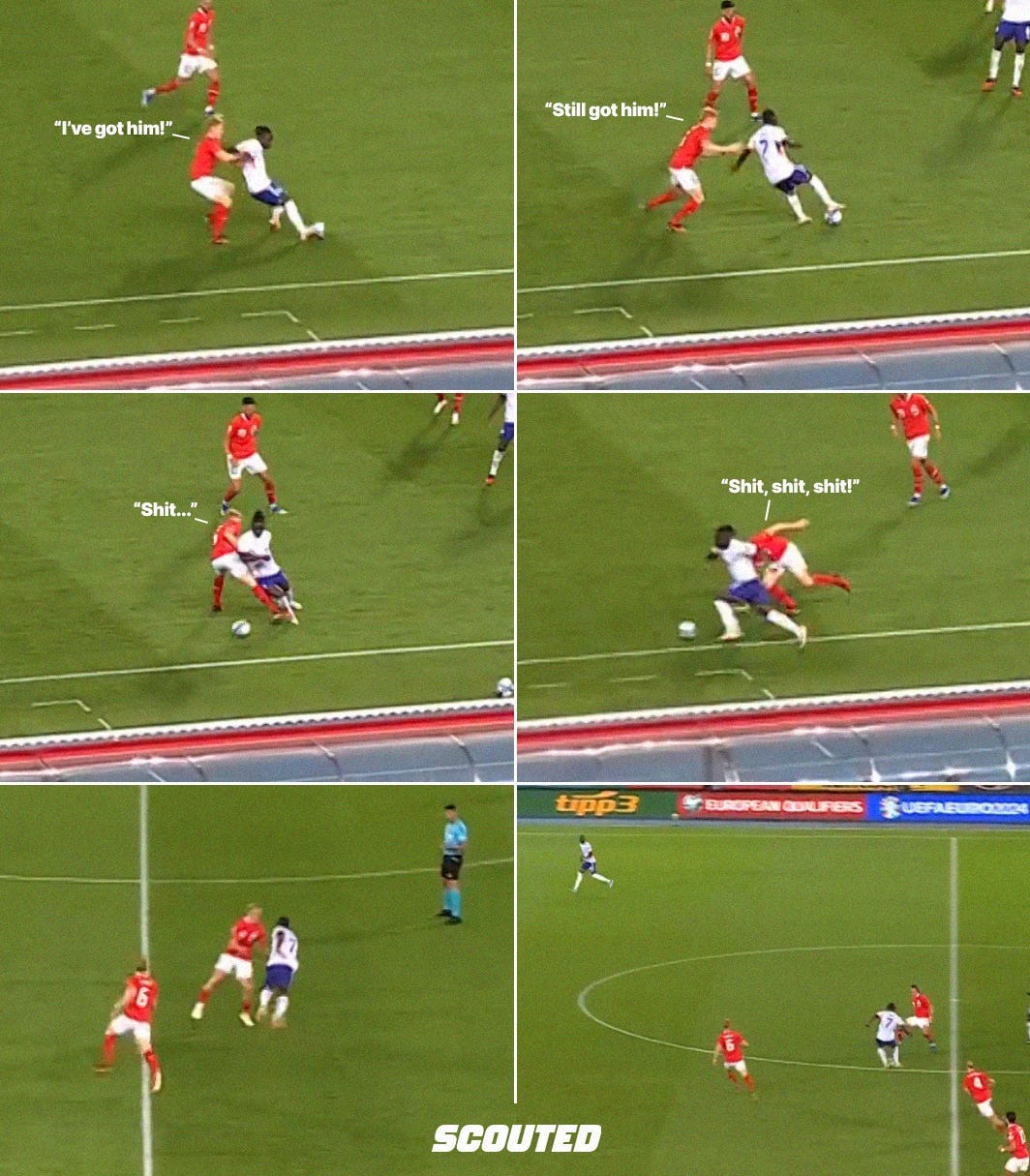 A sequence of screnshots showing Jérémy Doku complete two dribbles in a UEFA EURO 2024 qualifier against Austria.  He goes from being pinned on the touchline by an Austrian defender to spinning him with a ball roll, burst away from him, then beating another Austrian defender in midfield to open up the pass to a wide attacker, creating a three-v-three atack.  Each screenshot is seperated by a white line and there's a white 'SCOUTED' logo at the bottom of the graphic.