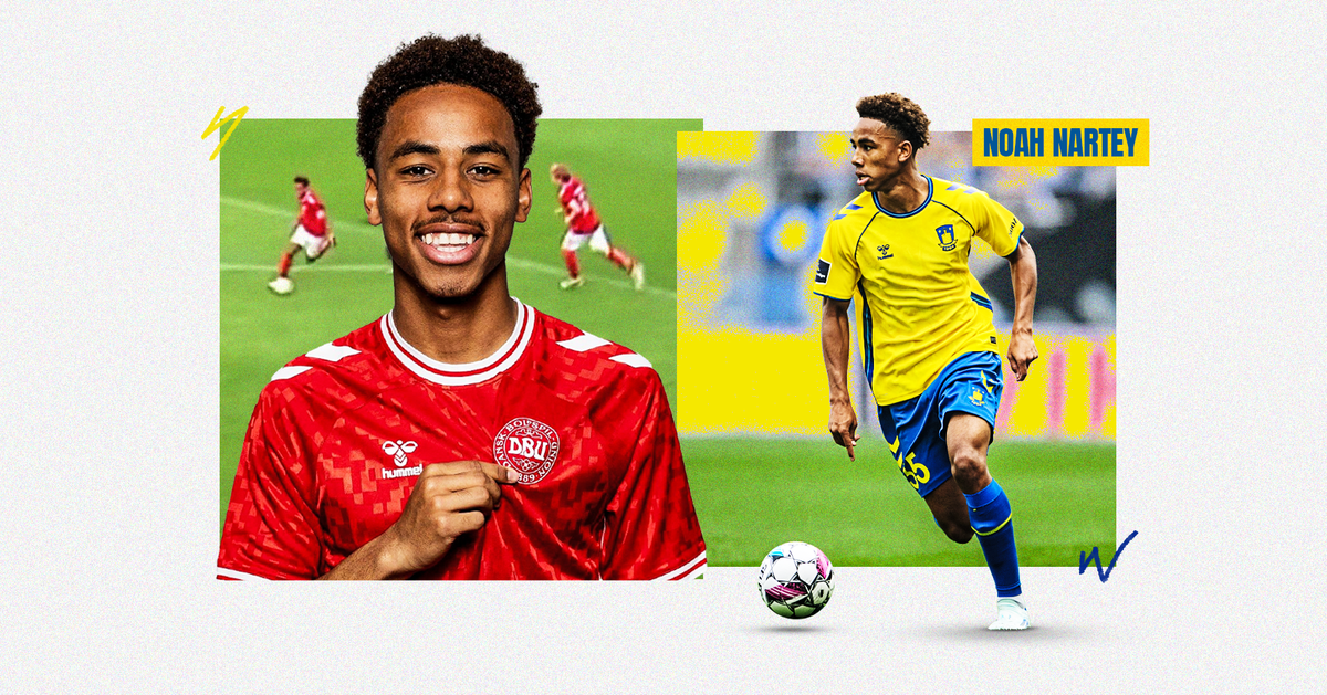 Graphic featuring images of Brondby and Denmark midfielders, Noah Nartey