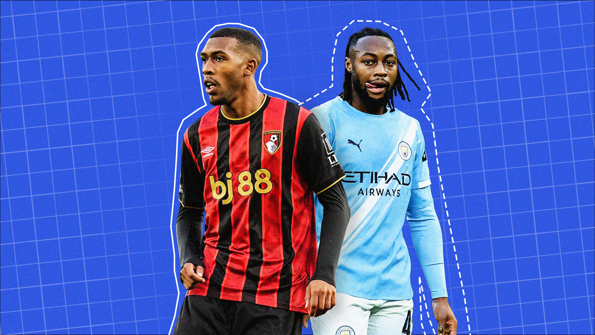 Graphic featuring photos of Bournemouth's Rayan and Manchester City's Antoine Semenyo set against a blueprint background