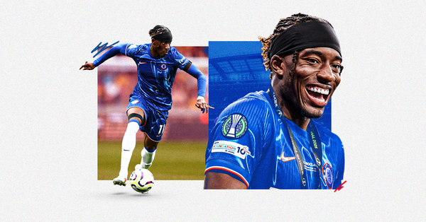 Graphic featuring images of Noni Madueke, one of him dribbling with the ball and the other of him smiling and laughing