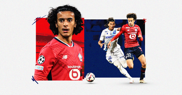 Graphic featuring photos of Ayyoub Bouaddi playing for LOSC Lille