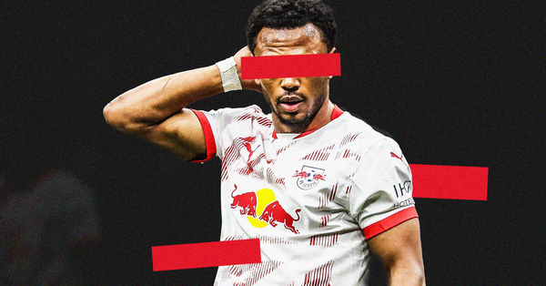Graphic featuring a photo of RB Leipzig's Lois Openda set against a dark background