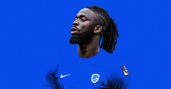Graphic featuring Genk's Tolu Arokodare set against a vibrant blue background