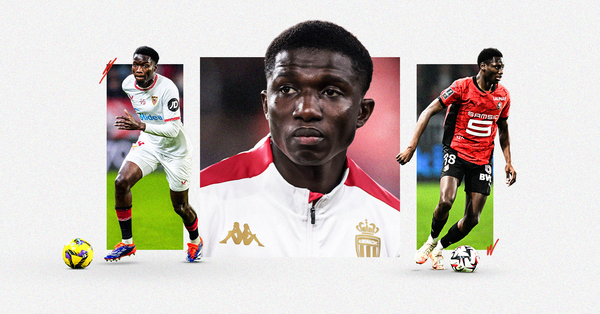 Graphic featuring photos of Sevilla's Lucien Agoumé, Monaco's Lamine Camara and Stade Rennais' Djaoui Cissé