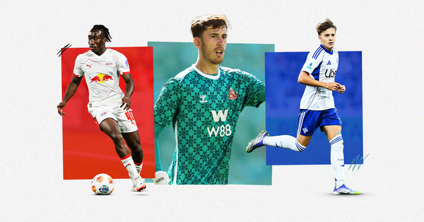 Graphic featuring RB Leipzig's Yan Diomandé, Sunderland's Robin Roefs and Como's Jesús Rodríguez