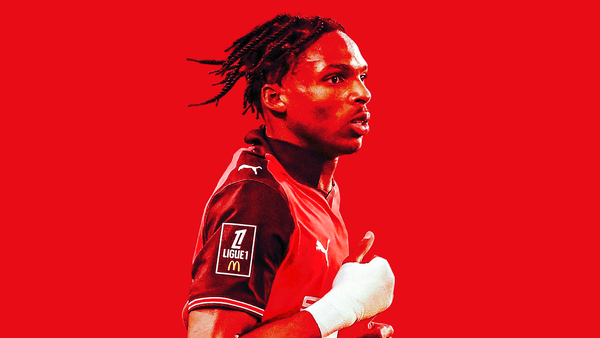 Red graphoc featuring a close up photo of Jérémy Jacquet playing for Stade Rennais