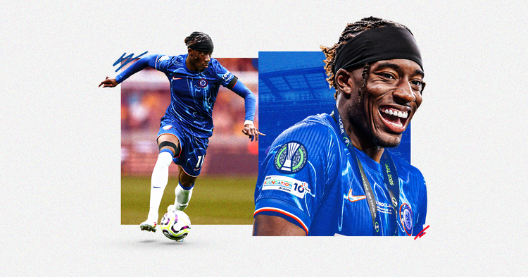 Graphic featuring images of Noni Madueke, one of him dribbling with the ball and the other of him smiling and laughing