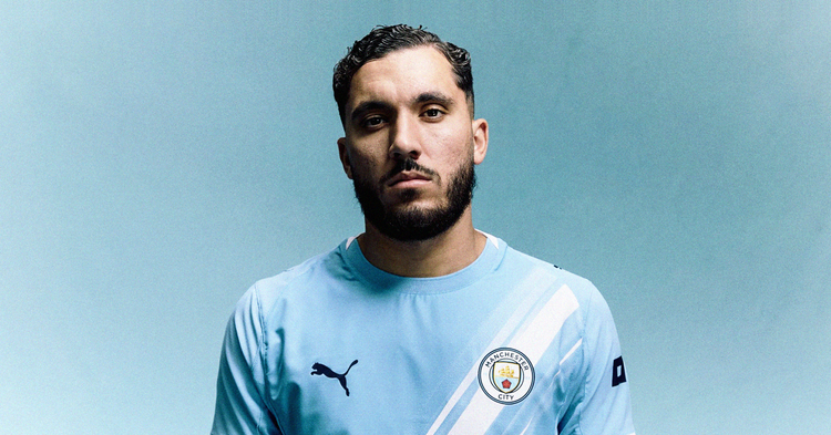 Profile photo of Rayan Cherki in a Manchester City shirt set against a blue background