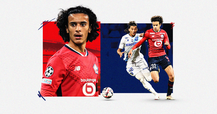 Graphic featuring photos of Ayyoub Bouaddi playing for LOSC Lille
