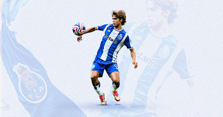 Graphic featuring photos of Porto's Rodrigo Mora in action