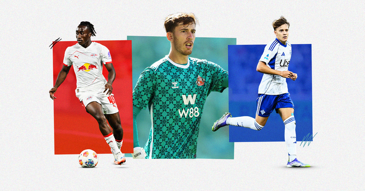 Graphic featuring RB Leipzig's Yan Diomandé, Sunderland's Robin Roefs and Como's Jesús Rodríguez