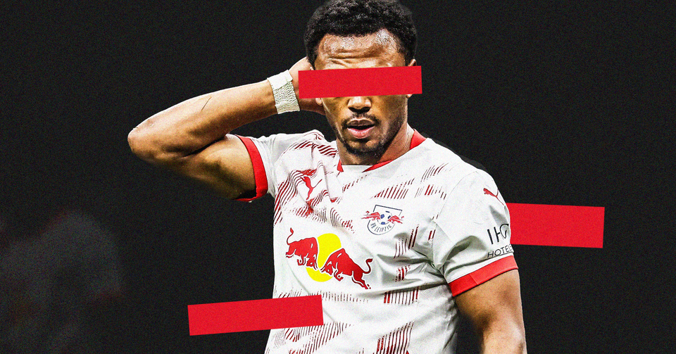 Graphic featuring a photo of RB Leipzig's Lois Openda set against a dark background