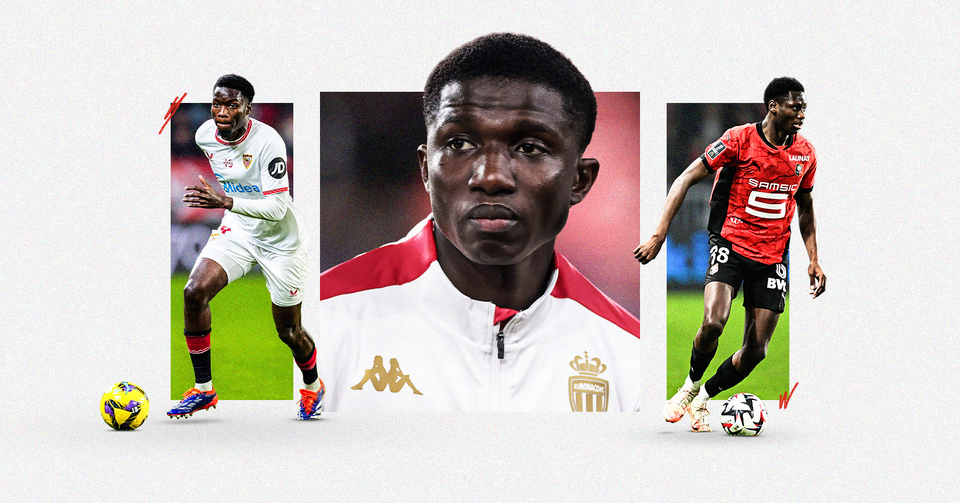 Graphic featuring photos of Sevilla's Lucien Agoumé, Monaco's Lamine Camara and Stade Rennais' Djaoui Cissé
