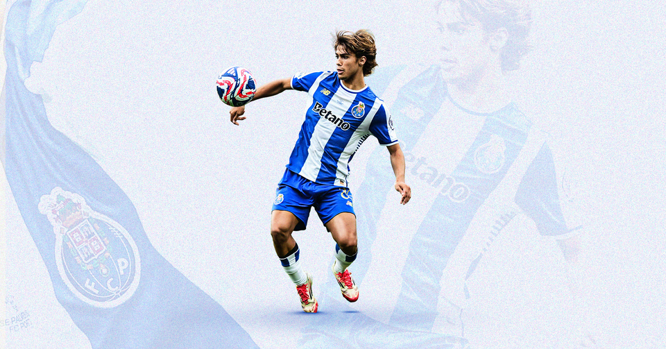 Graphic featuring photos of Porto's Rodrigo Mora in action