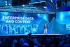 Snowflake CEO Sridhar Ramaswamy speaks Monday at Snowflake Summit 2026 in front of a slide that reads "enterprise data and context."