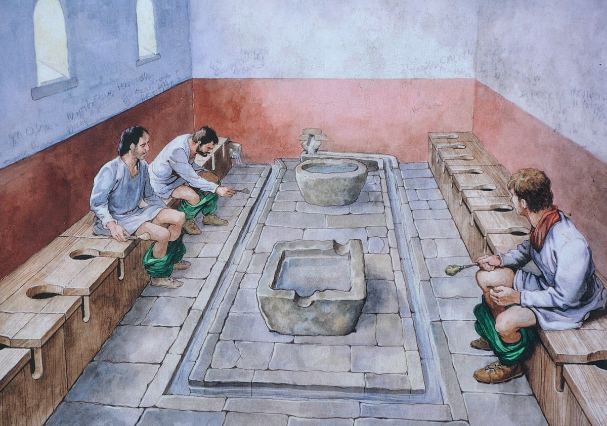 Reconstruction drawing showing the communal latrines in use, Housesteads Roman Fort (Vercovicium)