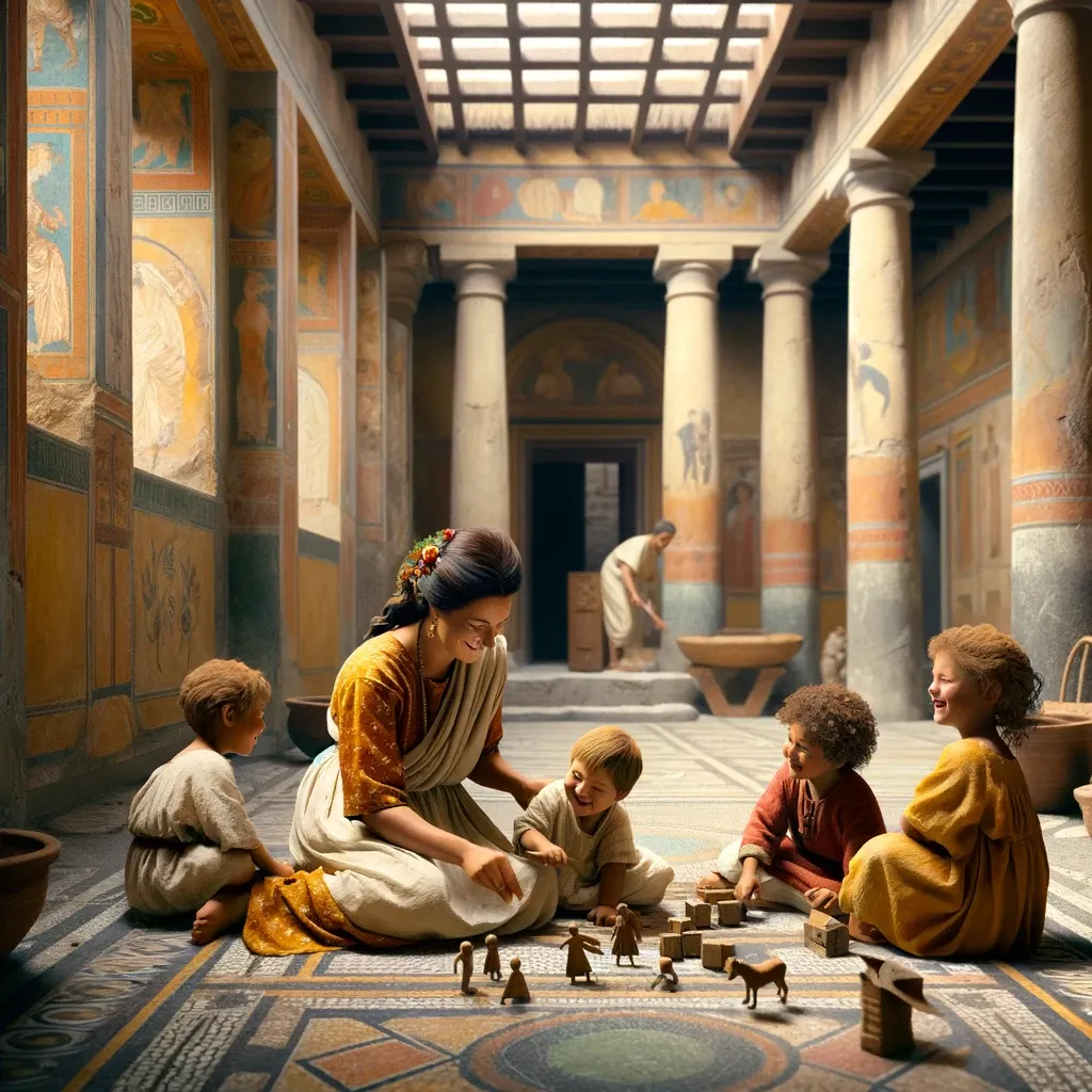 A roman woman playing with her kids