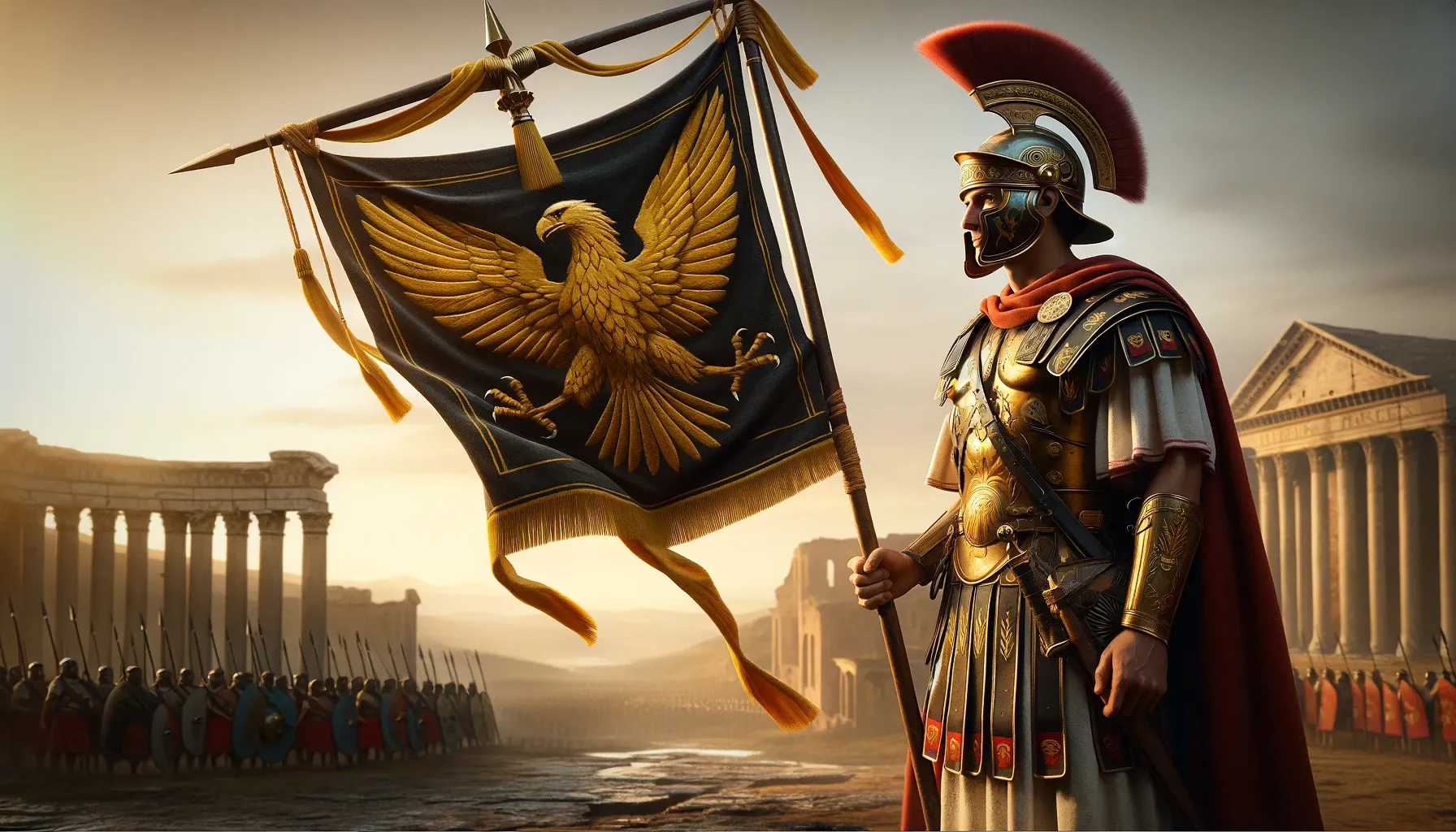 An aquilifer holding the flag with the embroidered golden eagle