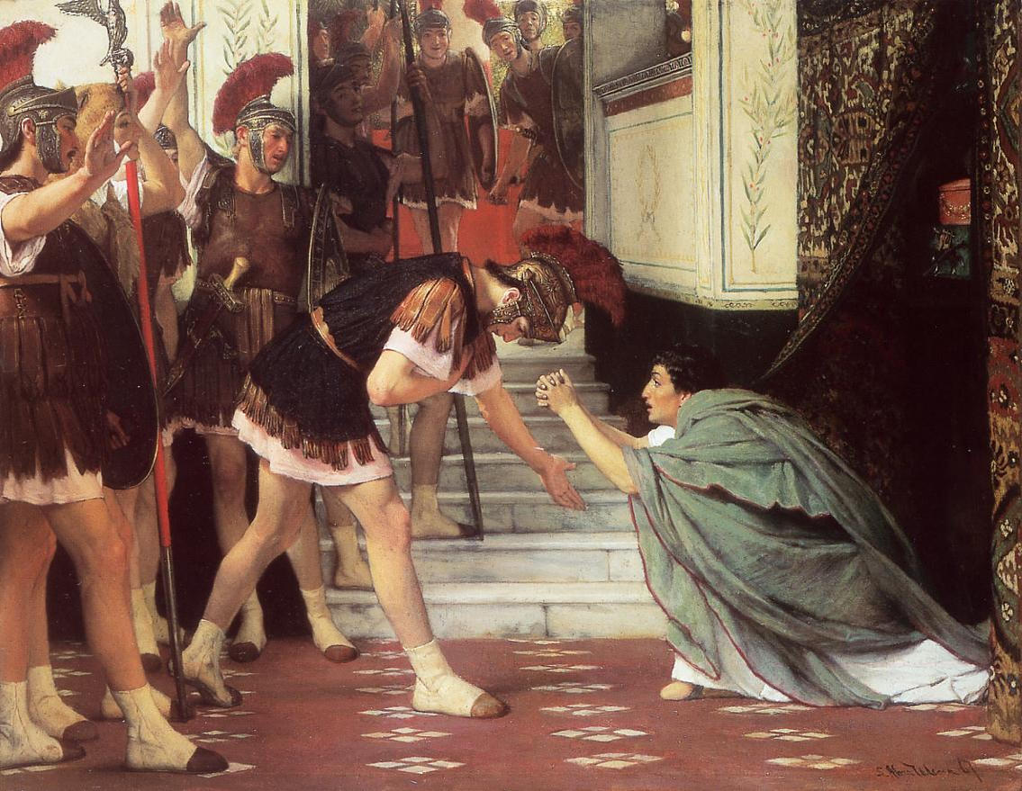 Proclaiming Claudius Emperor, by Lawrence Alma-Tadema, oil on canvas, 1867. According to one version of the story of Claudius' accession, members of the Praetorian Guard found him hiding behind a curtain in the aftermath of the assassination of Caligula in AD 41, and proclaimed him emperor