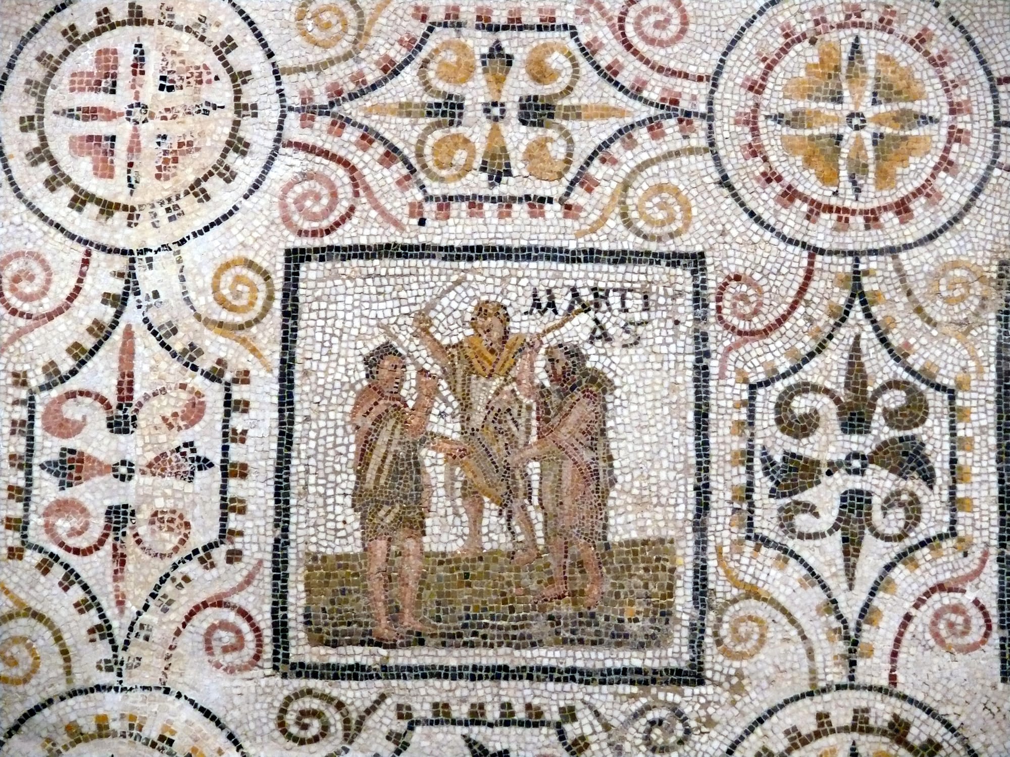 Mosaic with the months of the year, starting with the Roman first month March.