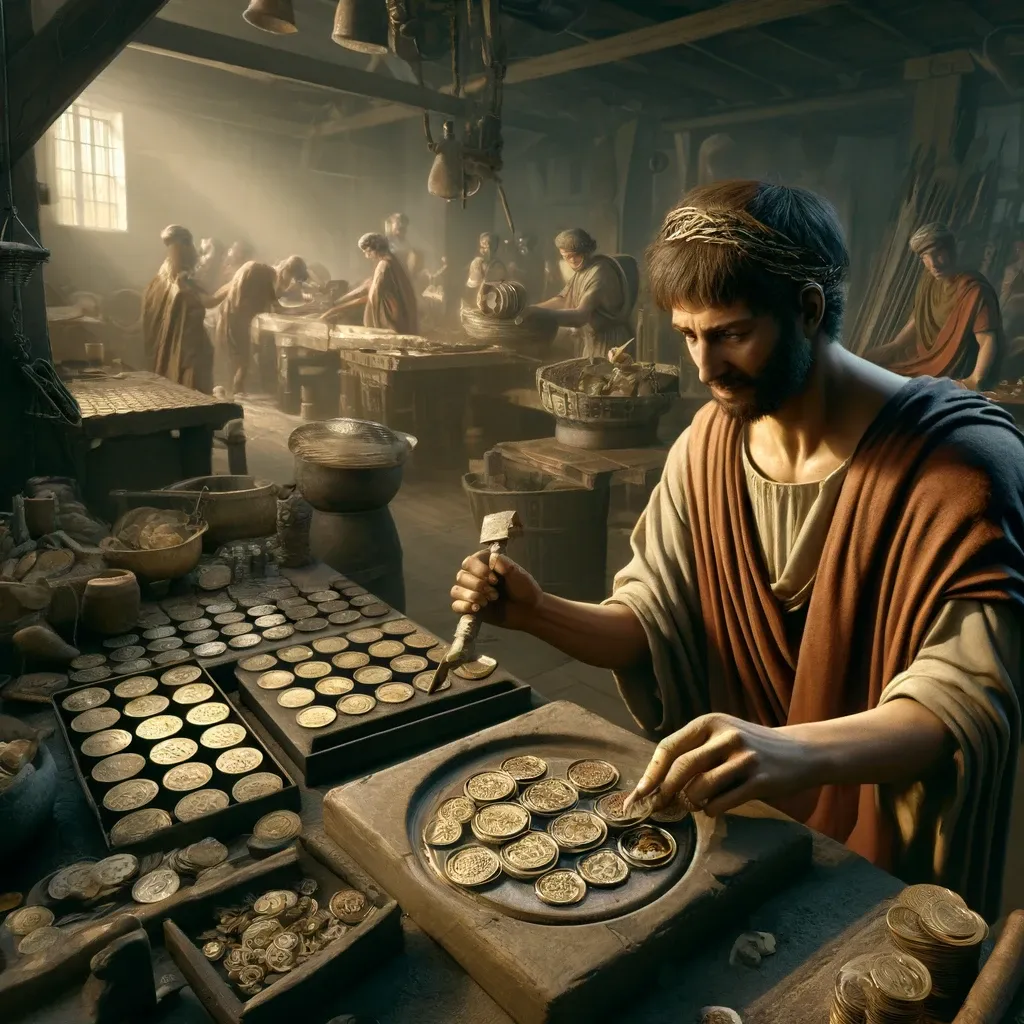 Producing ancient Roman coins in a mint. 