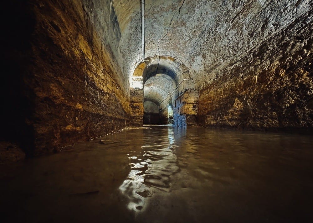 Panoramic view of the archways inside the Roman Galleries in Lisbon
