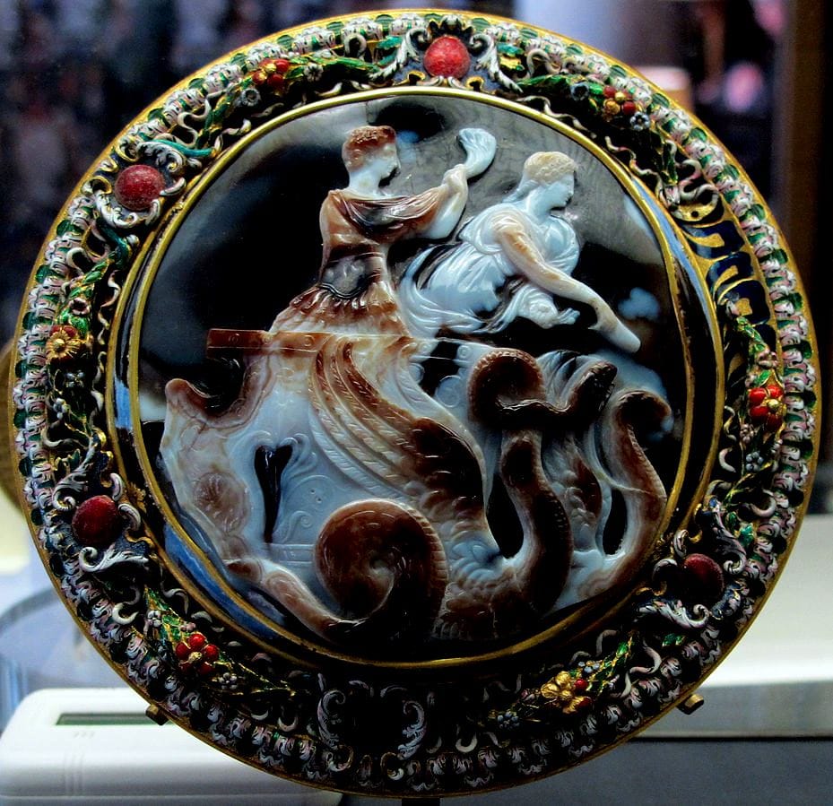 Claudius and Messalina on a chariot. Roman art, 1st century CE