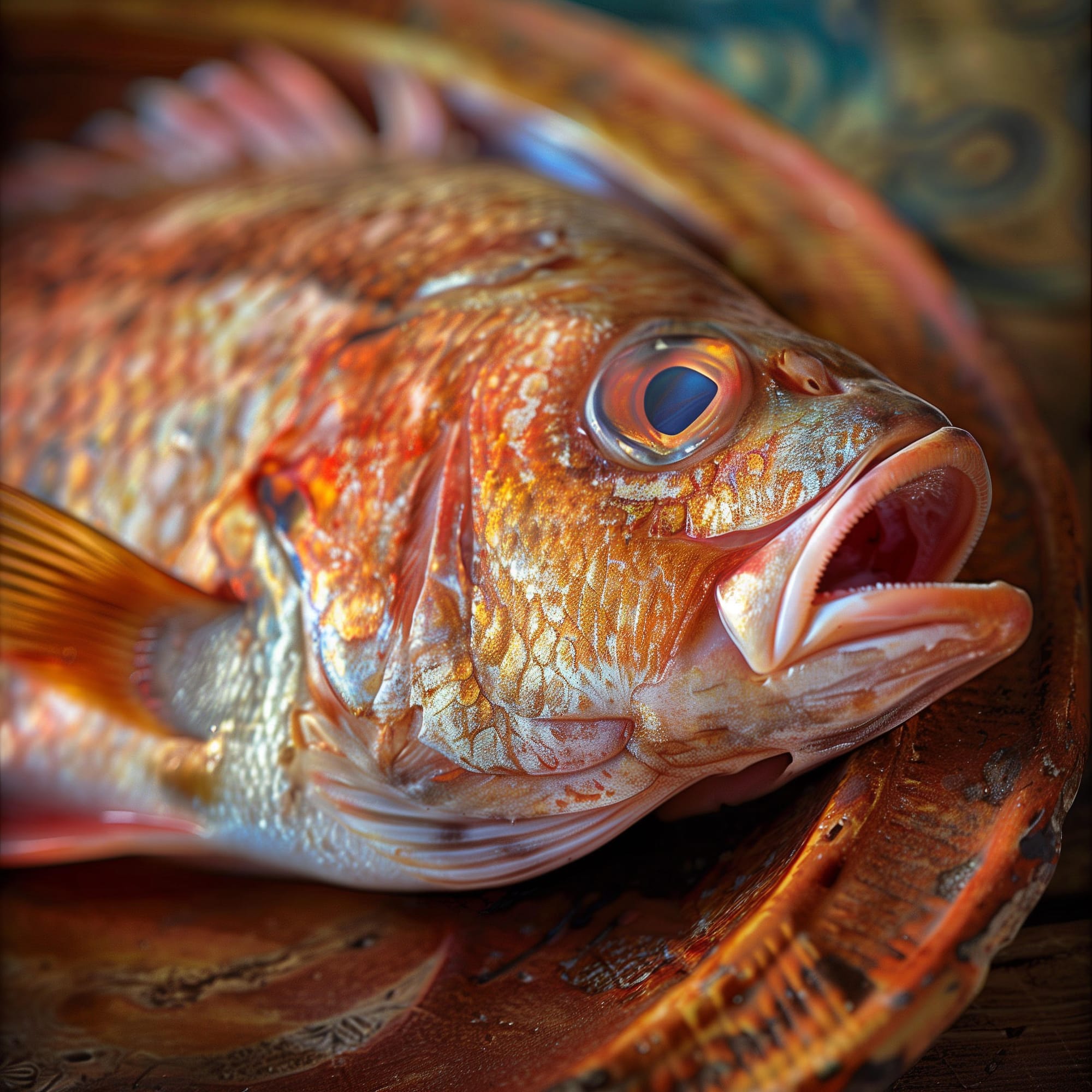 A red mullet on a plate ready to be cooked for a Roman banquet.